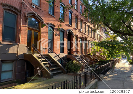 Brownstone entrance, facade of the building, staircase leading to the door, Manhattan, NYC, NY, USA Brownstone entrance, facade of the building, staircase leading to the door, Manhattan, NYC, NY, USA 120029367