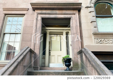 Brownstone entrance, facade of the building, staircase leading to the door, Manhattan, NYC, NY, USA Brownstone entrance, facade of the building, staircase leading to the door, Manhattan, NYC, NY, USA 120029369