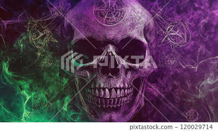 Purple and green smoke surrounding human skull with symbol on forehead 120029714