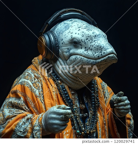 whale is a rapper in the disco music studio, wearing trapper clothes and trapper accessories, isolated on black background 120029741