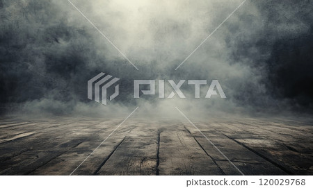 Smoke filling empty room with wooden floor and grunge concrete wall Smoke filling empty room with wooden floor and grunge concrete wall 120029768