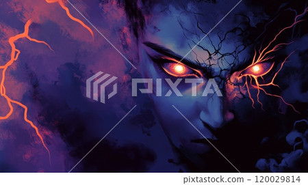 Possessed woman with glowing eyes emerging from darkness 120029814