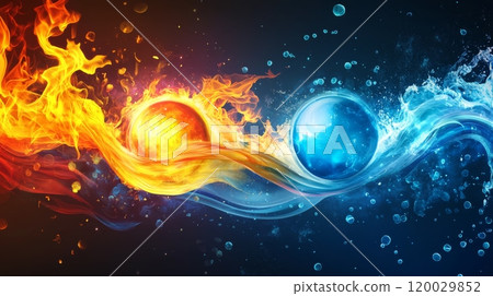 Fire and water spheres creating a yin yang symbol representing harmony and balance 120029852