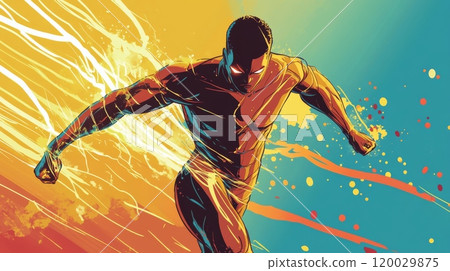 Superhero running at super speed with electric energy trails 120029875