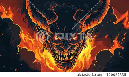 Devil face burning in flames emerging from darkness 120029886