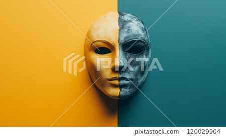 Theater mask showing duality, contrasting golden and dark sides on colorful background 120029904