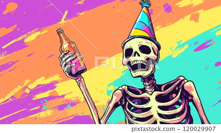Skeleton wearing party hat holding beer bottle celebrating holiday 120029907