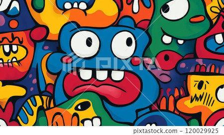 Funny colorful cartoon monsters crowd creating seamless pattern 120029925