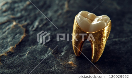 Gold dental crown covering a real tooth on dark stone surface 120029962