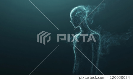 Spiritual energy body being dissolving into smoke on dark background Spiritual energy body being dissolving into smoke on dark background 120030024