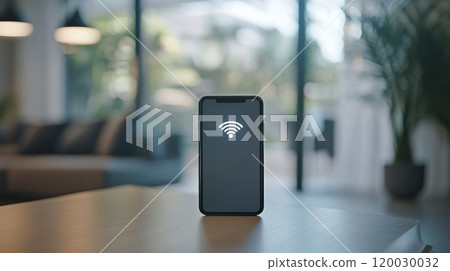 Smartphone showing wifi signal icon in modern living room: wireless network and internet access 120030032