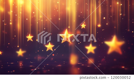 Golden stars hanging on a dark background with bright lights shining down 120030052