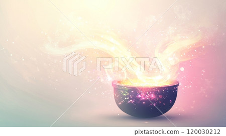 Magic potion is brewing in a cauldron with golden light and sparkles 120030212