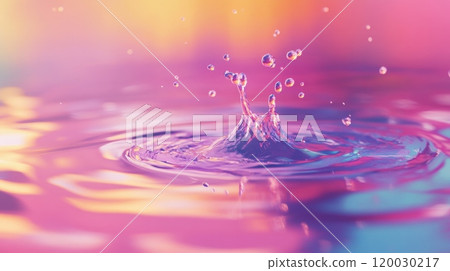 Water splashing making crown shape with colorful ripples on liquid surface 120030217