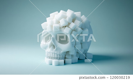 Skull covered with sugar cubes representing danger of excessive sugar consumption 120030219