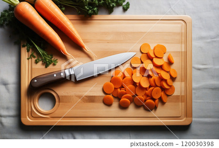 Chef slicing fresh carrots on wooden cutting board with sharp knife 120030398