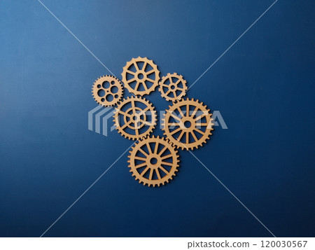 Top view wooden gear on a blue background. 120030567