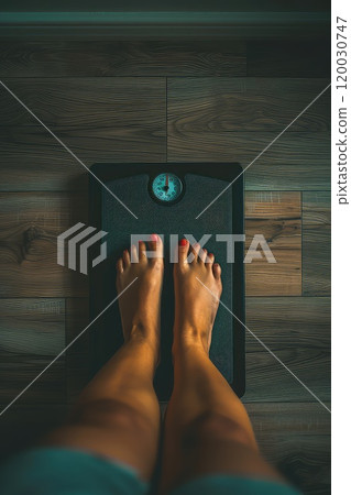 Female feet on the digital weight scales. The courage to confront reality and make positive changes. Vertical photo. 120030747