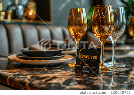 An elegant 'Reserved' sign on a table in a sophisticated restaurant with a chic table setting. An upscale 'Reserved' sign atop a chic table, nestled among fine dining essentials and soft lighting. 120030762