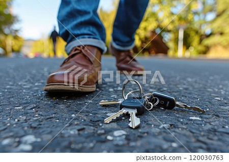 A lost keys on the street and a blurred crowd of people on a city street. The keys rest quietly, while the city pulses with life. 120030763