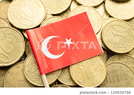 Turkey flag on coins background, finance and accounting, banking concept. 120030786
