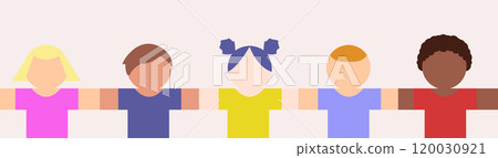 Kids union horizontal banner. Children of different races holding each other. Flat vector illustration. 120030921