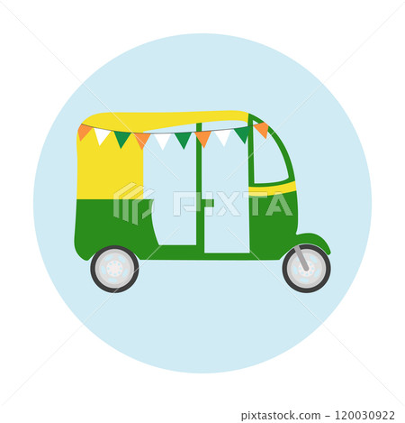 Rickshaw or Tuk Tuk decorated with flags in the colors of the Indian flag. Flat vector illustration. Indian auto transport for passengers in the cities. Rickshaw or Tuk Tuk decorated with flags in the colors of the Indian flag. Flat vector illustration. Indian auto transport for passengers in the cities. 120030922