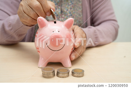 Retired elderly woman counting coins money with piggy bank and worry about monthly expenses and treatment fee payment. 120030950
