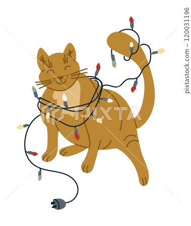 Funny vector hand drawn cat with Christmas garland Funny vector hand drawn cat with Christmas garland 120031196