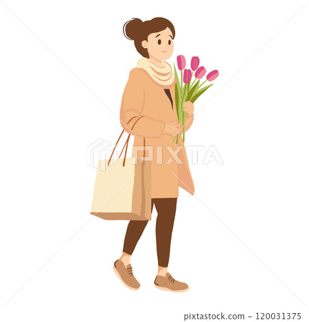 Happy satisfied young woman with shopping bag. Minimalist flat person design element, vector Hand drawn modern young man goes shopping. 120031375