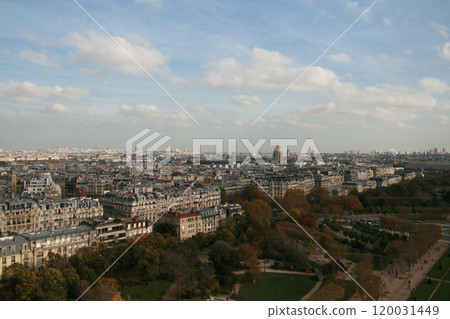 Paris panorama, France, European cityscape, streets landscape. A breathtaking panorama of Paris, showcasing the charming European cityscape with its iconic streets and landmarks. 120031449