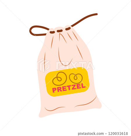 Pretzels in package in flat design. Pastry snack in textile packet. Vector illustration isolated. Pretzels in package in flat design. Pastry snack in textile packet. Vector illustration isolated. 120031618