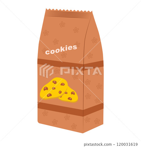 Chocolate cookies in package in flat design. Sweet snack in brown bag. Vector illustration isolated. Chocolate cookies in package in flat design. Sweet snack in brown bag. Vector illustration isolated. 120031619