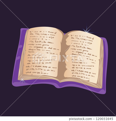 Open magic books with spells in flat design. Old wizard manuscript. Vector illustration isolated. Open magic books with spells in flat design. Old wizard manuscript. Vector illustration isolated. 120031645