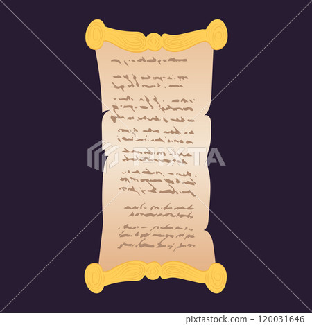 Old handwriting magic scroll in flat design. Open manuscript with spells. Vector illustration isolated. Old handwriting magic scroll in flat design. Open manuscript with spells. Vector illustration isolated. 120031646