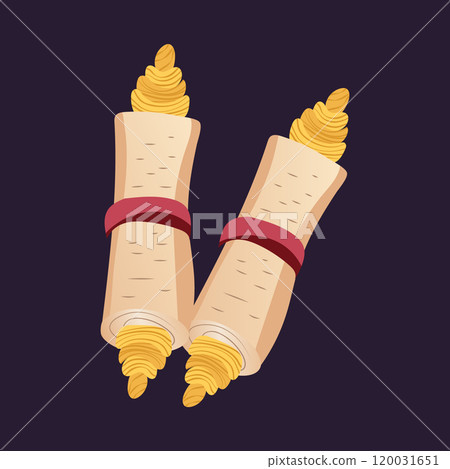 Old magic scrolls in flat design. Mystery manuscripts with magician reading. Vector illustration isolated. 120031651