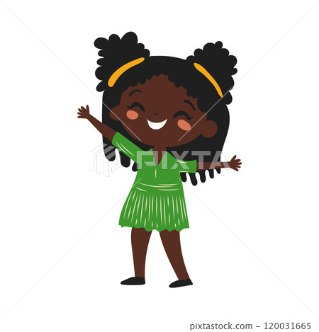Cute african american girl in flat design. Child celebrates Kwanzaa holiday. Vector illustration isolated. Cute african american girl in flat design. Child celebrates Kwanzaa holiday. Vector illustration isolated. 120031665