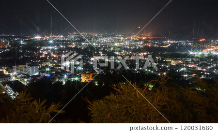 Panoramic view of the city lights at night. A breathtaking panoramic view of a city illuminated by a sea of sparkling lights under the dark night sky. 120031680