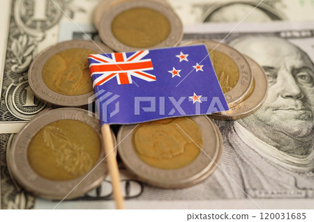 Australian flag on coin and banknote money, finance trading investment business currency concept. 120031685
