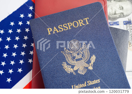 US passport issued to citizen and national of the United States of America to travel in most countries outside with USA flag and dollar money. US passport issued to citizen and national of the United States of America to travel in most countries outside with USA flag and dollar money. 120031779