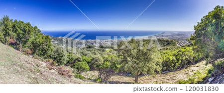 Panoramic view of Bastia and the Corsican coastline from the lush mountains in the hinterland Panoramic view of Bastia and the Corsican coastline from the lush mountains in the hinterland 120031830