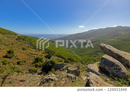 Panoramic view of Corsicas eastern coastline captured from the mountainous inland with lush greenery 120031840