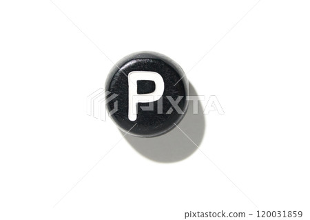 Black button with white letter p isolated on white background with shadow 120031859