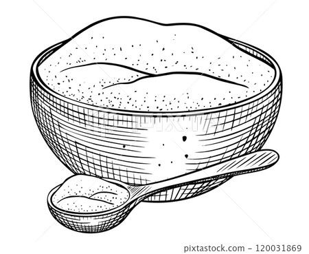 Bowl and spoon of Flour vector illustration. Drawing of dish with curd or sour cream in line art style. Rustic retro outline element painted by black inks. Etching for cookbook. Kitchen utensil. Bowl and spoon of Flour vector illustration. Drawing of dish with curd or sour cream in line art style. Rustic retro outline element painted by black inks. Etching for cookbook. Kitchen utensil. 120031869