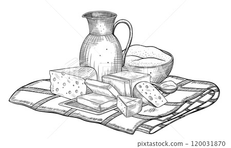 Dairy products on checkered tablecloth vector illustration. Linear Drawing of cheese wheel, butter and milk in pitcher painted by black inks in outline style. Etch of farm products for cookbook. 120031870