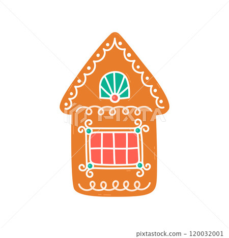 Gingerbread house, traditional Christmas cookie. Cute Xmas festive treat illustration. Flat and doodle elements Gingerbread house, traditional Christmas cookie. Cute Xmas festive treat illustration. Flat and doodle elements 120032001