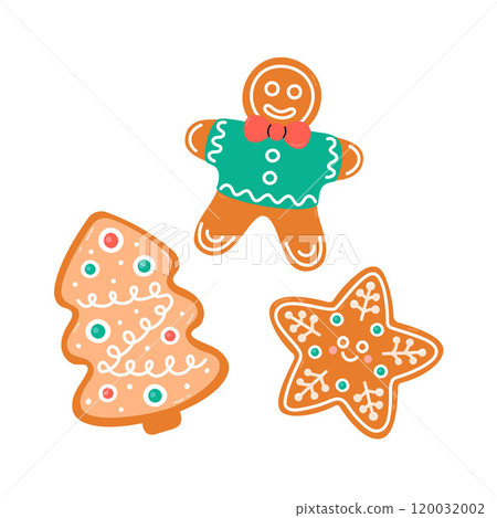 Gingerbread man, Christmas tree, star. Traditional homemade Xmas cookies. Cute decorative festive treats illustration. Flat and doodle elements Gingerbread man, Christmas tree, star. Traditional homemade Xmas cookies. Cute decorative festive treats illustration. Flat and doodle elements 120032002