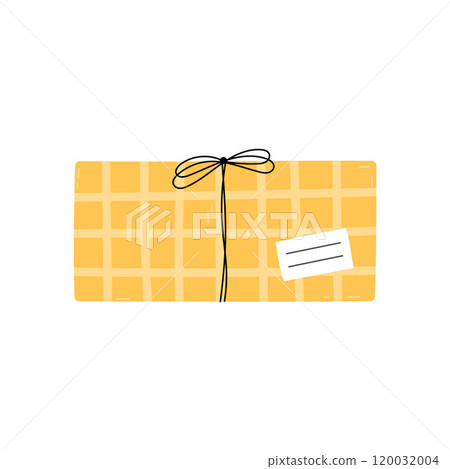 Cute gift box tied with rope. Isolated vector illustration. Wrapped gift for Christmas, birthday, New Year or other celebration, event. Flat rectangular present box 120032004