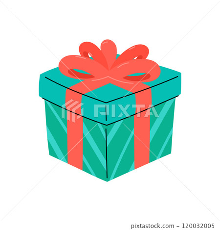 Cute gift box with ribbon and bow. Isolated vector illustration. Wrapped gift for Christmas, birthday, New Year or other celebration, event. Flat present box Cute gift box with ribbon and bow. Isolated vector illustration. Wrapped gift for Christmas, birthday, New Year or other celebration, event. Flat present box 120032005