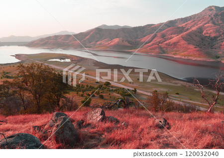 California hills background, view of mountains and river in the valley, natural landscape, wildlife at sunset, hills and plains 120032040